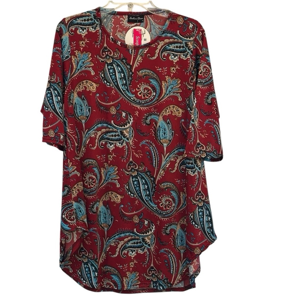 Southern Charm Burgundy Turquoise Paisley Flutter Tunic V-Neck 3/4 Sleeves Sz M